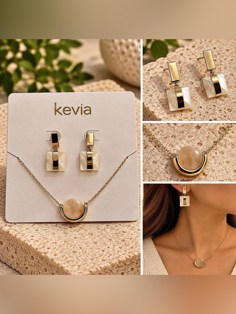 NWT Kevia Gold Ivory Geometric Necklace & Earrings Jewelry Set. Natural Marble S